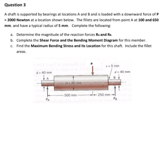 Question 3 A shaft is supported by bearings at locations A and B and is loaded with a downward force of P = 2000 Newton at a