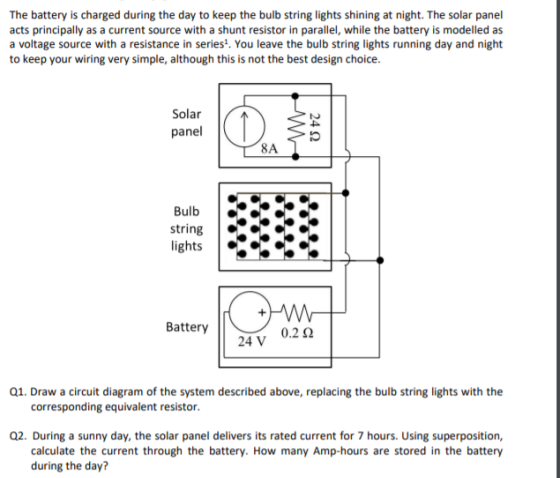 The battery is charged during the day to keep the bulb string lights shining at night. The solar panel acts principally as a