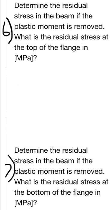 Determine the residual stress in the beam if the plastic moment is removed. What is the residual stress at the top of the fla