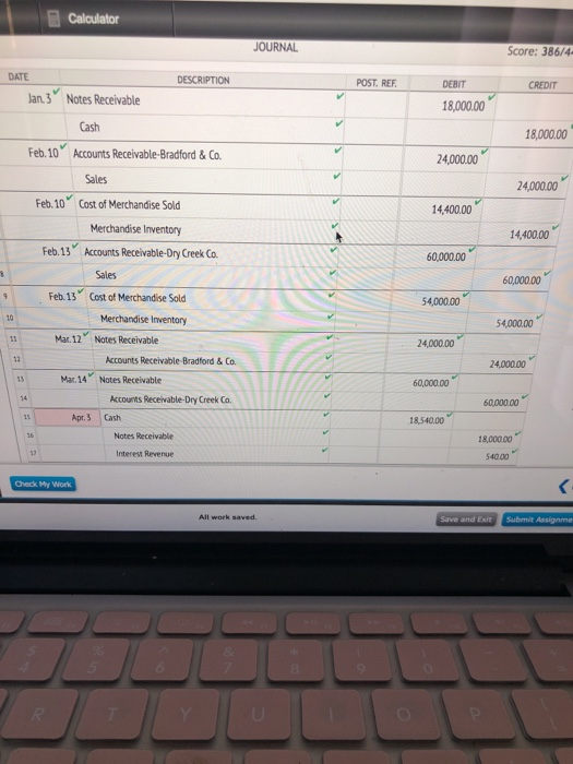 Calaulator JOURNAL Score: 386/4 DATE DESCRIPTION POST REF DEBIT an3 Notes Receivable 18,000.00 Cash 18,000.00 Feb.10 Accounts