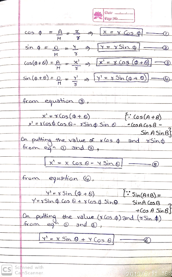 Date Page No. A X = x Cos COs H y = ySin » Sin d= x xz x Cos (+9) Cos(a+O) = _A H X Sin (p+) = D. - H equation. from fCos(A+