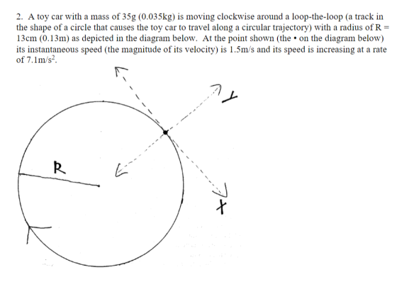 2. A toy car with a mass of 35g (0.035kg) is moving clockwise around a loop-the-loop (a track in the shape of a circle that c