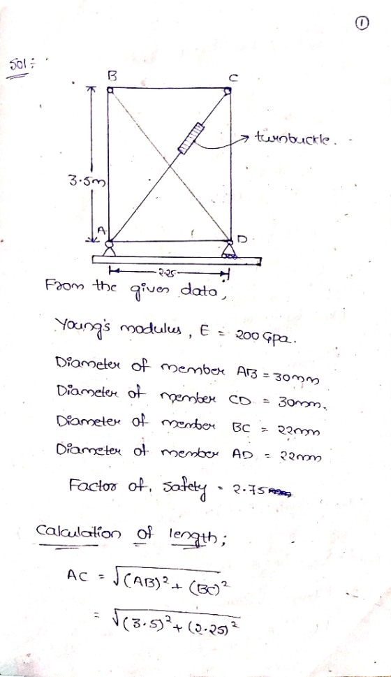 7 turnbuckle . 3.5m A 2-25 Faom the ivor data 200 Gpa Diameter oF membr AB = 30mm Diameler ot membex CD 3om BC 23Mm Diameler