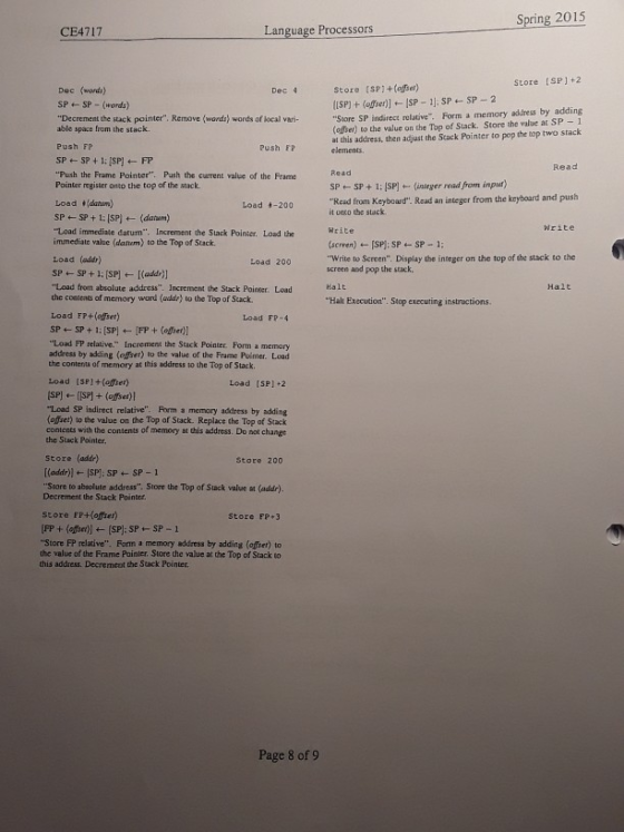Spring 2015 CE4717 Store [SP1+2 Dec 4 store (sP1+lofset) SP SP (words) Decrement the stack pointer. Remove (words) words of