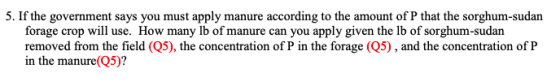5. If the government says you must apply manure according to the amount of P that the sorghum-sudan forage crop will use. How