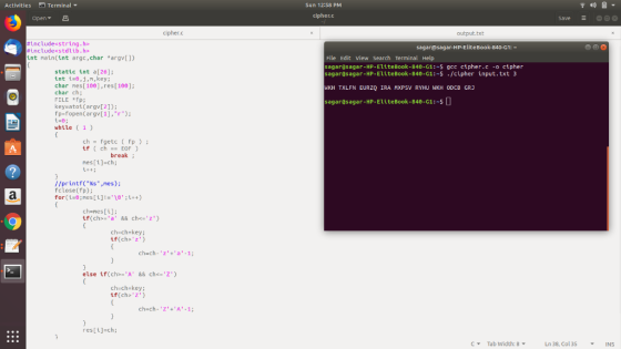 Activities Terminal ▼ Sun 12:58 PM Open- A cipher.c cipher.c output.txt #include«string.h> #include<stdlib.h> int nain(int ar