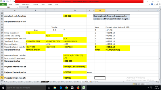 Home ert Page Layout Formulas Data Review V 17 18 Annul net cash flow Fro 19 20 Net present value of inv 21 -D9-C11 Depreciat
