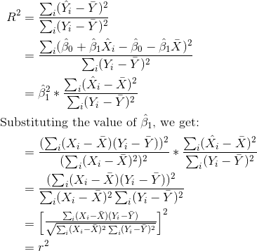 \begin{align*} R^2 &= \frac{\sum_i (\hat{Y}_i - \bar{Y})^2}{\sum_i (Y_i - \bar{Y})^2} \\ &= \frac{\sum_i (\hat{\beta}_0 + \hat{\beta}_1\hat{X}_i - \hat{\beta}_0 - \hat{\beta}_1\bar{X})^2}{\sum_i (Y_i - \bar{Y})^2} \\ &= \hat{\beta}_1^2 * \frac{\sum_i ( \hat{X}_i - \bar{X})^2}{\sum_i (Y_i - \bar{Y})^2} \\ \text{Sub} &\text{stituting the value of } \hat{\beta}_1 \text{, we get:} \\ &= \frac{(\sum_i (X_i - \bar{X})(Y_i - \bar{Y}))^2}{(\sum_i (X_i - \bar{X})^2)^2} * \frac{\sum_i ( \hat{X}_i - \bar{X})^2}{\sum_i (Y_i - \bar{Y})^2} \\ &= \frac{(\sum_i (X_i - \bar{X})(Y_i - \bar{Y}))^2}{\sum_i (X_i - \bar{X})^2 \sum_i (Y_i - \bar{Y})^2} \\ &= \begin{bmatrix} \frac{\sum_i (X_i - \bar{X})(Y_i - \bar{Y})}{\sqrt{\sum_i (X_i - \bar{X})^2 \sum_i (Y_i - \bar{Y})^2}}\end{bmatrix}^2 \\ &= r^2 \end{align*}