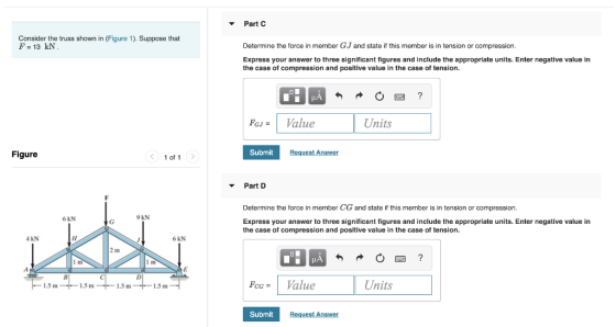 Part C Consider the truss shown in (Figure 1). Suppose that F 13 kN Determine the force in member GJ and state if this member