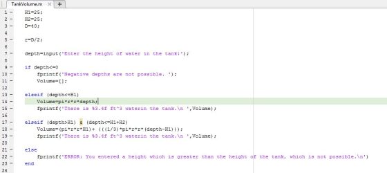 TankVolume.m X H1-25; 2H2-25: D-40 r-D/2: depth-input (Enter the height of water in the tank: -if depth<=0 10 fprintf ( Neg