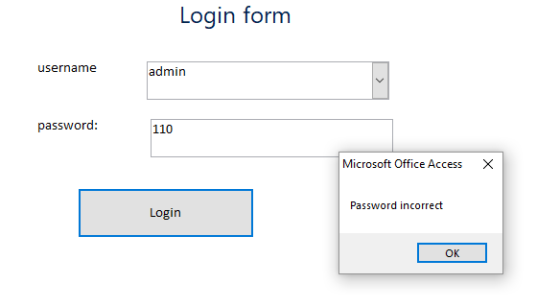 Login form username admin password 110 × Microsoft Office Access Password incorrect Login OK