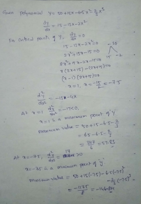 Gve n polymomiaJ so+15%-6.SY느즐X y= 3 dy ) 7(27千15)-(274 3 maxinum value 65-65-2 347 =57.83 dx2