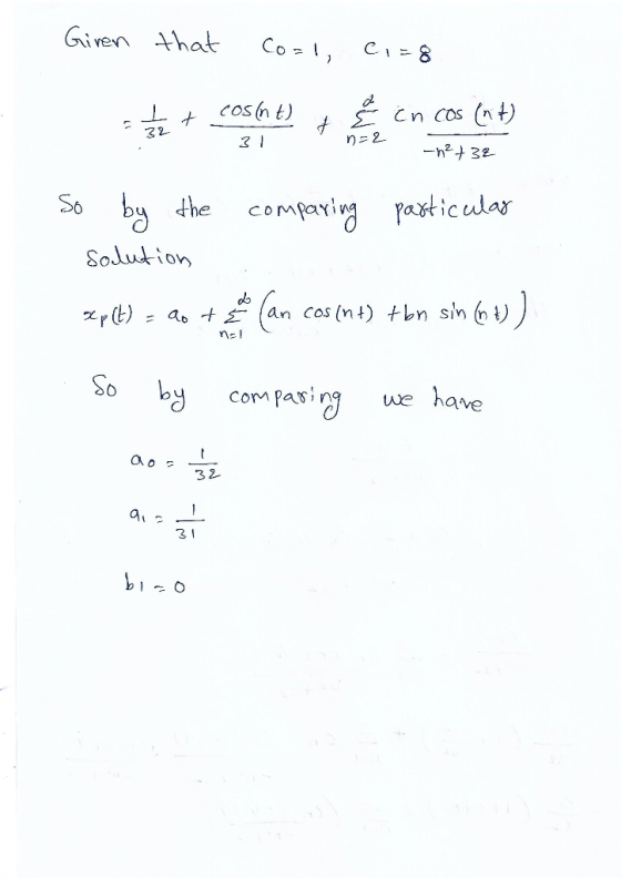 Given that Co=1, c,-8 L, + cos(nt) t Σ cn cos (nt) 32 arficular Solution db by con pari we have 0 32 31
