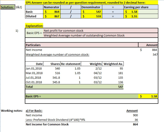 EPS Answer can be rounded as per question requirement, rounded to 2 decimal here: Basic DilutedS Explanation Basic EPS- Solut