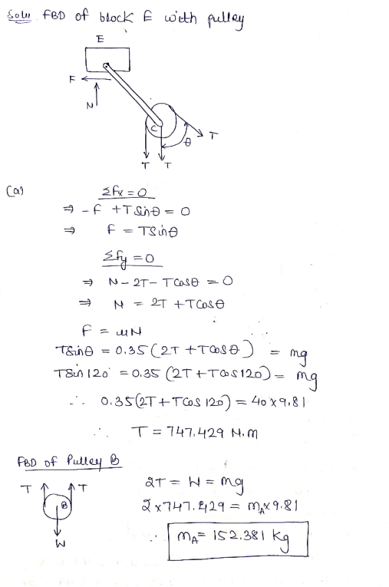 block E uotth So feD of Ca) T = 747-429 N, m FeD of Putle x7in.blq= mAx 9.81