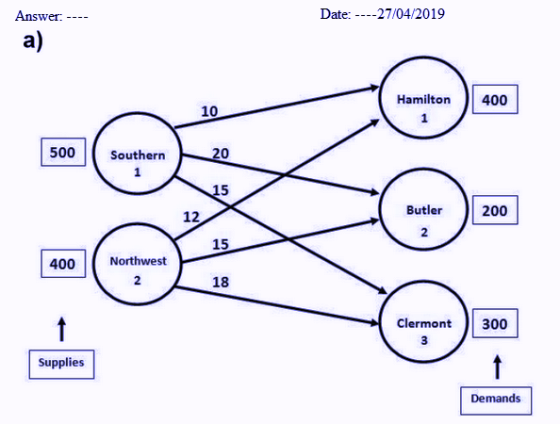 Date: ---27/04/2019 Answer. a) Hamilton 1 400 10 20 Southern 15 Butlr 200 12 2 15 400 Northwest 2 18 Clermont 300 Supplies De