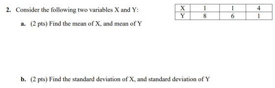 2. Consider the following two variables X and Y: 4 a. (2 pts) Find the mean of X, and mean of Y b. (2 pts) Find the standard