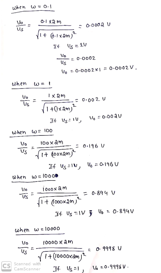 when = o. lo Us uo Us Vo : 0.000 2x1ニ0.0002 V O 0002 when Vo when ω= 100 w=1000 when o0oox am Us = 0.894 V when 10000 so. 199