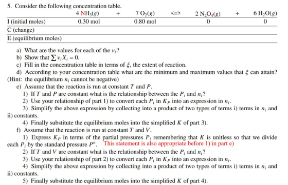 5. Consider the following concentration table 4 NH3(g) 0.30 mol 702(g) 0.80 mol 〈=> 2N,04(g) + 6H20(g) I (initial moles) C (c