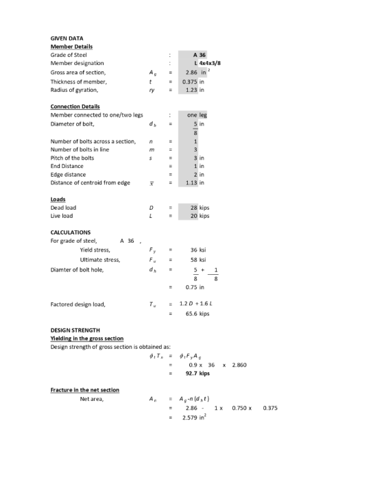 GIVEN DATA Member Details Grade of Steel Member designation Gross area of section Thickness of member, Radius of gyration, A