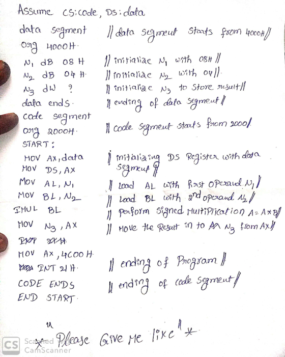 Assume c5:code, Ds: dato. data Seament data ends code Segment START MOV Ax,data MOV DS, AX Mov BL, No THUL BL HOV Na AX CODE