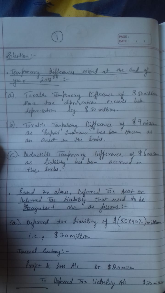 PAGE DATE Lolution Ten porary Differonces pitkd at 2018 the eud 1eamjowary Diferenesof 8arilla dpredsiatian a) Taxalh tax baa