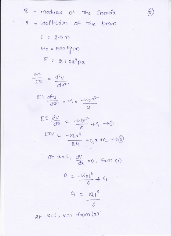 Modulue of the Inesia v = deflection oe -the beam 500 kg Inn ET dv グ、 noa2 沒ㄐ 3 At x1、v-o -from (2)