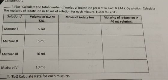Lalculations: I. (6pt) Calculate the total number of moles of iodate ion present in each 0.2 M KlO3 solution. Calculate the m