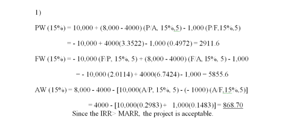 1) Pw 0.5%,-1 0.000+ ( 8.000-4000) (P A l 5%.5)-1 .000 ( P F. 1 5%. 5) 10.000 + 4000( 3.3522)-1.000 (0.4972,-2911.6 FW ( 1 5%