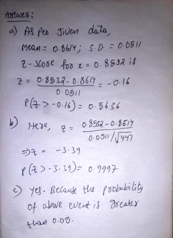 Amswes: a) As Pes Jiven data Man 0.861; SD 0.051/ 2-Slooe fo z- 0. 8532 i8 2=0.8533-0.861 16 0 051 PA>-016) o5636 Hede, 70-35