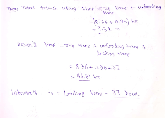 Totul tブtu ck unlrading Them, us,ing time -rr;P time + ne -e, 36+0.95) h 8,36+0.95+3국 46-21 hr labourer9 Lending time: 37 h