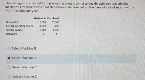 The manager of a canned food processing plant is trying to decide between two labeling machines. Determine which machine shou