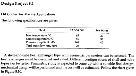 Design Project 8.1 Oil Cooler for Marine Applications The following specifications given: are Fluid SAE-30 Oil Sea Water Inle