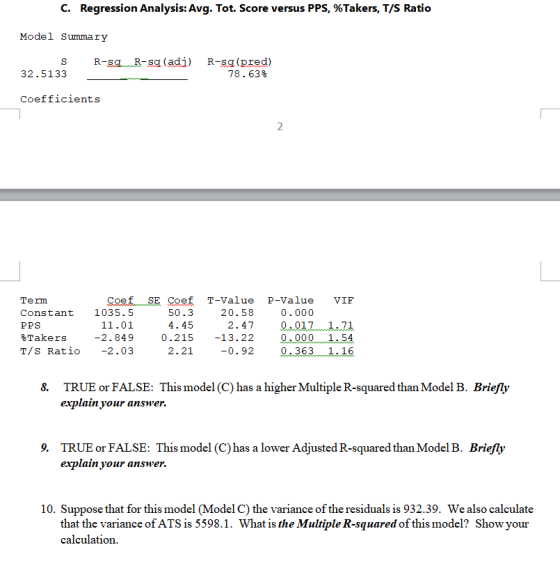 C. Regression Analysis: Avg. Tot. Score versus PPS, %Takers, T/S Ratio Model Summary SR-sg R-sq (adi) R-sq (pred) 78. 63% 32.