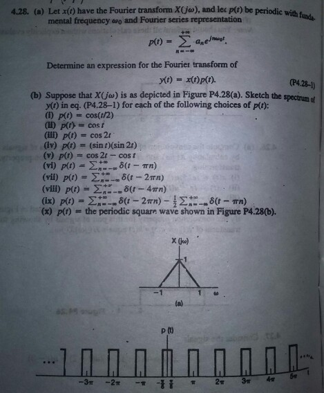 4.28. (a) Let x() have the Fourier transform X(jeo), and lec p) be periodic with fundh l frequency owo and Fourier series rep