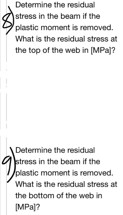 Determine the residual stress in the beam if the plastic moment is removed What is the residual stress at the top of the web