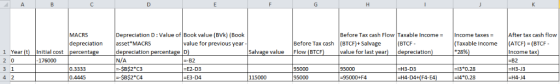 C G A B D H MACRS Depreciation D : Value of Book value (BVk) (Book asset MACRS depreciation percentage D) N/A Before Tax cash