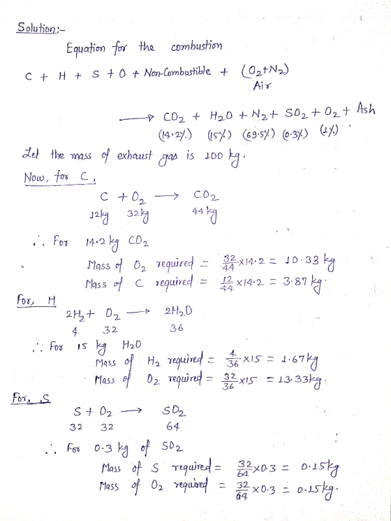 Solution combustion Equation for the O2tN2) C H S +0 + Non-Combustible + Air > C02 H20 N2+ SO2 +02 t Ash 4.2y.) 69-5) 3) Let