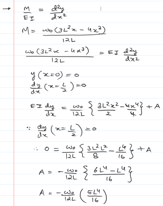 dley (3L2- 42 M= wo (3L2-4x3) 12니 -(두=x) p EI dy + A wo 2 x= Wo A S 6L4 A = A = -wo aL 16