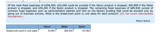 Of the total fixed expenses of $256,000, $32,060 could be avoided if the Velcro product is dropped, $94,800 if the Metal prod