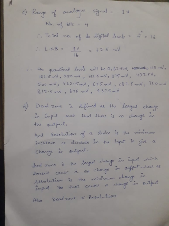 c Rowge analoyue ignal 1 v No. 0f bits 4 To tal of he digital lavels mo. LS.B 1 v 6 2.5mV the quantized lvels will be 0,62.5d