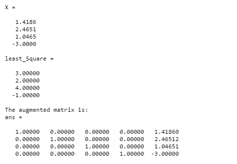 1.4186 2.4651 1.0465 -3.0000 least_Square - 3.00000 2.00000 4.00000 -1.00000 The augmented matrix is: ans 1.00000 0.00000 .00
