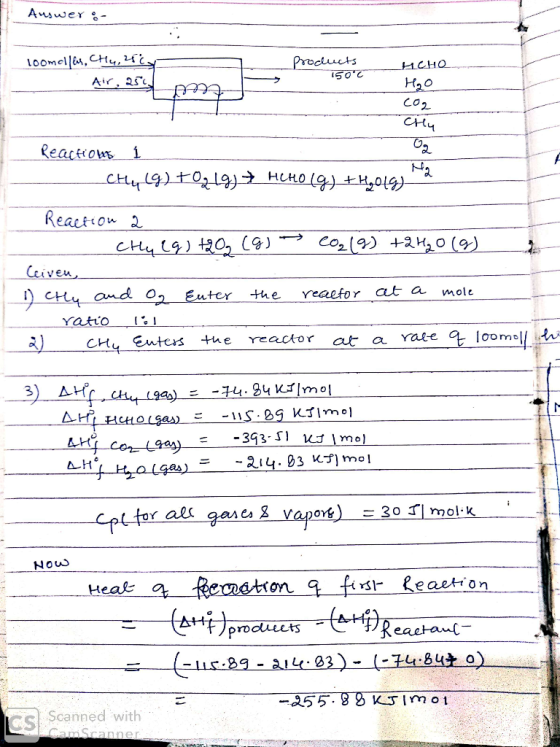 Aswer- Air, 2s 150°C t,o CO C+ d. ter +me reaefor at a mole Yatio cHu Eutersne reactor at a rate AH -3g 3.SI eゴIma, AH Heal p
