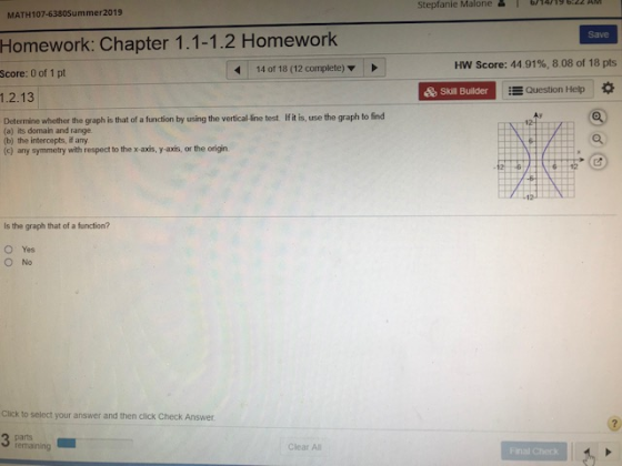 6/14/19 b.22 AM Stepfanie Malone MATH107-6380Summer2019 Save Homework: Chapter 1.1-1.2 Homework HW Score: 44.91 % , 8.08 of 1