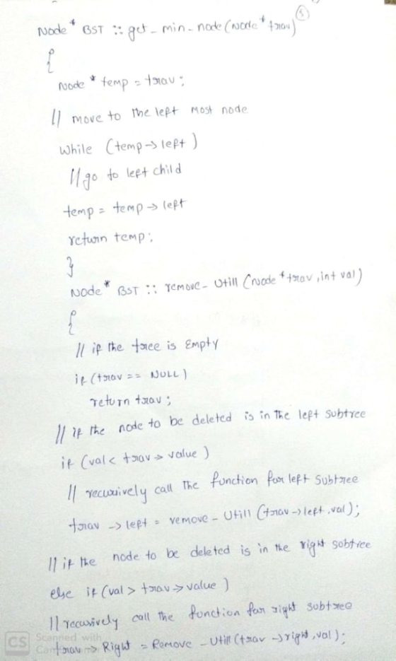 Move to Ihe lept Most node while Ctemp- lept) temp te (ept cton temp ll ip the taee is mpty netuTn tzov; 랴 rte node to be del