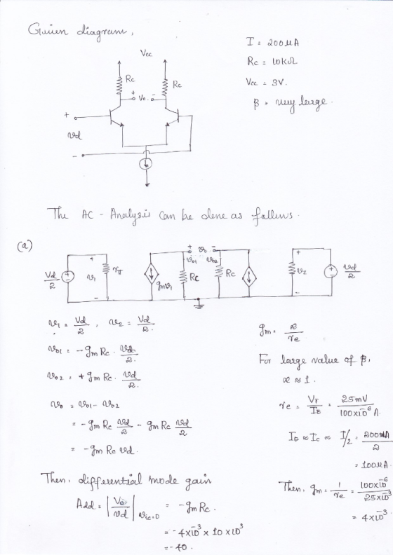 Gaiun diagrame Vec Re lok Vec 3V Re t ed The AC fatuws Analysis Con ba clene as Rc Va Rc R fe For large value of p 2S mV t00x