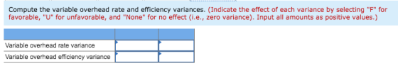 Compute the variable overhead rate and efficiency variances. (Indicate the effect of each variance by selecting F for favor