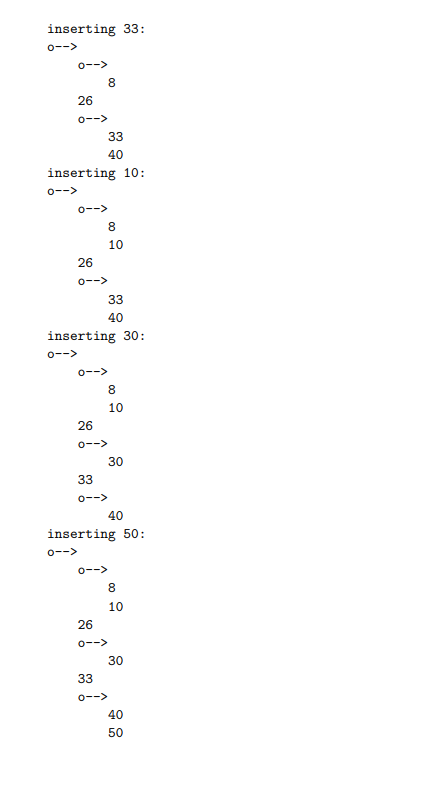 inserting 33 8 26 40 inserting 10: 8 10 26 40 inserting 30: 8 10 26 30 40 inserting 50 1 :: 8 10 26 o--X 30 40 50