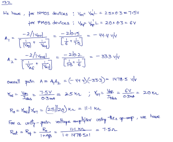 13.2 We have o NMOS deuices - 25x0 3 - 7.5v VAL - 20-15 tox PMOS devices : 2O x O.3= 6 V -2/1Vovl 44.4 v/v 7.5 -2l0-2 2/Vovel