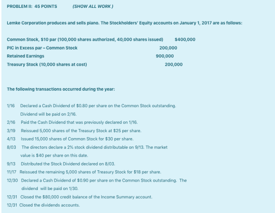 PROBLEM II: 45 POINTS (SHOW ALL WORK) Lemke Corporation produces and sells piano. The Stockholders Equity accounts on Januar